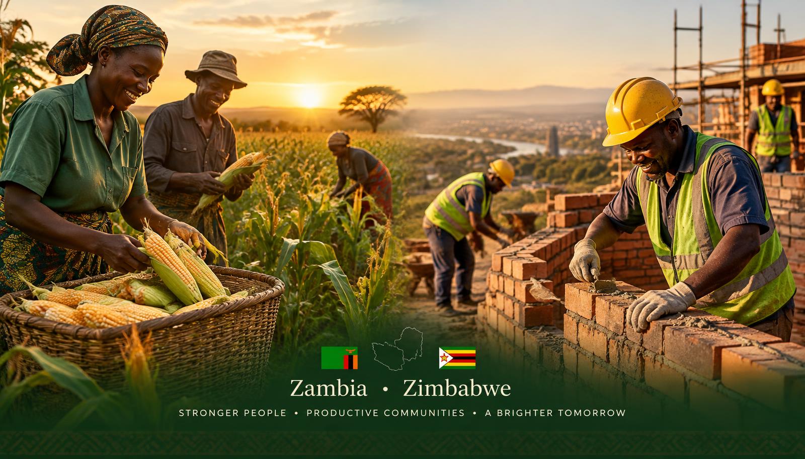 Farm workers harvesting maize and builders laying bricks in Zambia and Zimbabwe